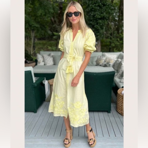 Julia Amory Dresses & Skirts - Julia Amory Coatue Caftan Midi Dress Size XS Butter Yellow Belted Embroidery